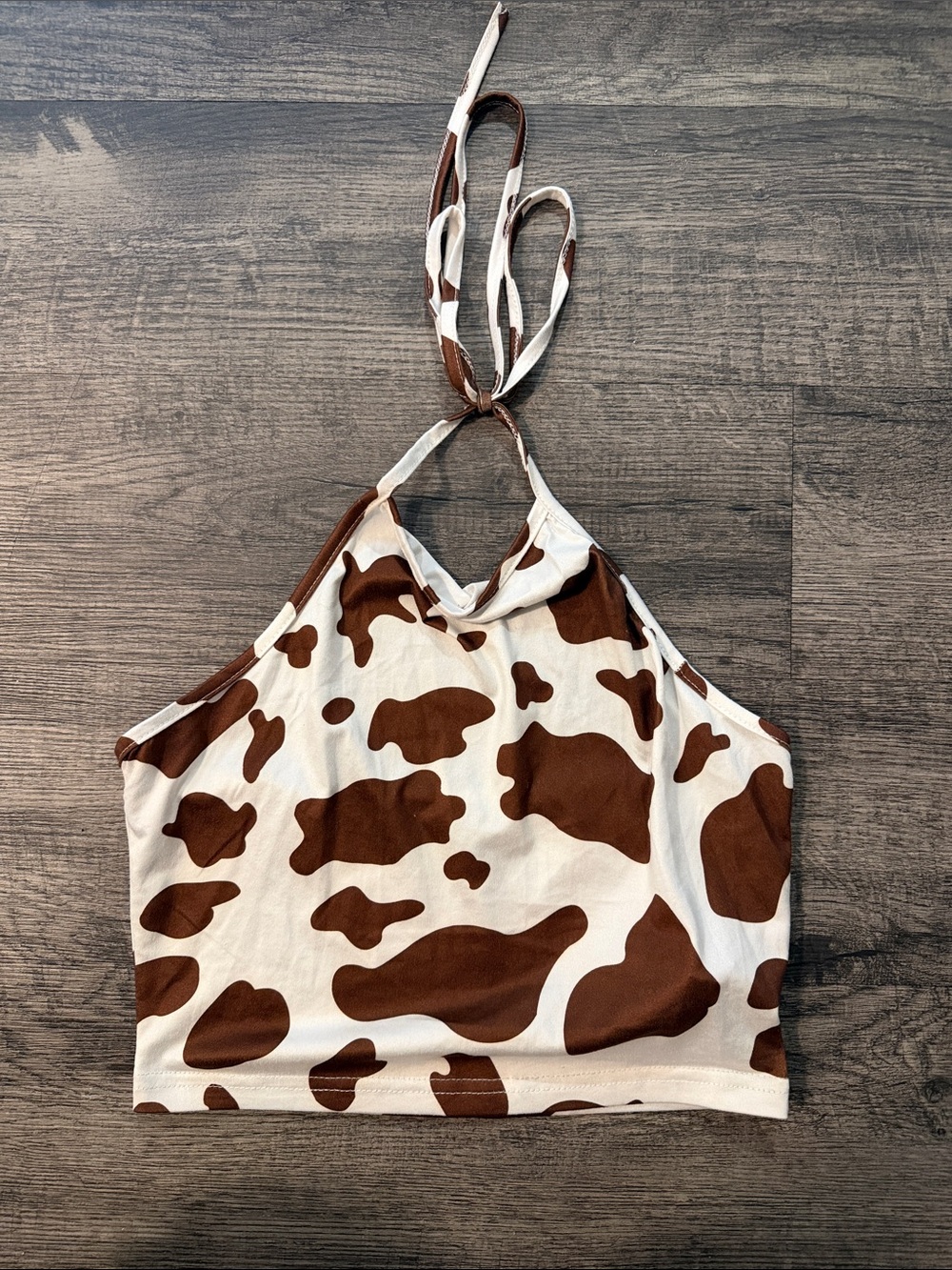 SHEIN Brown and Cream Cow Print Halter Crop Top